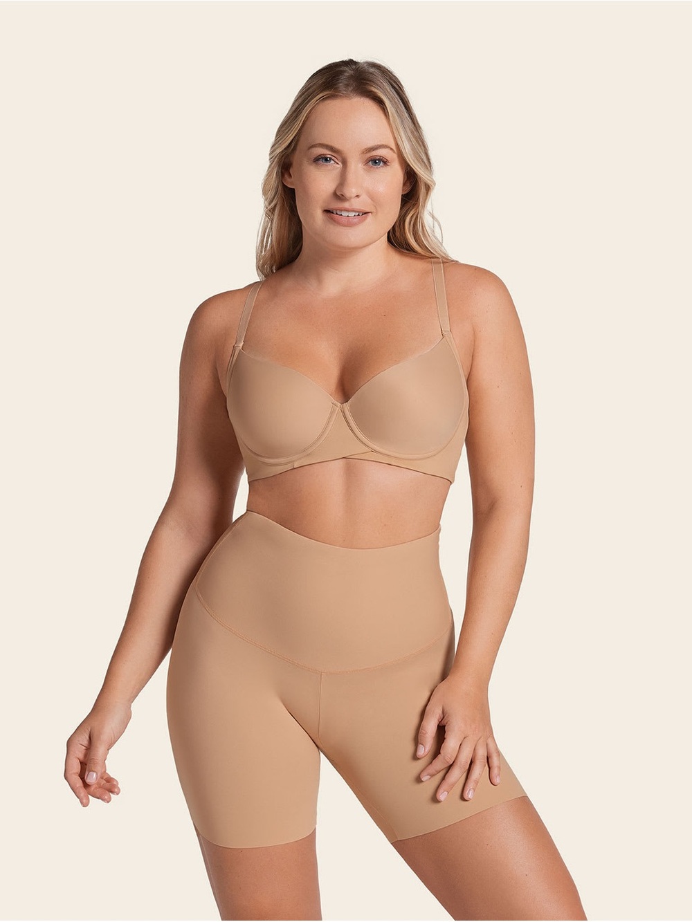 Seamless High-Waist Shaping Short and Underwire Bra Set - Beige